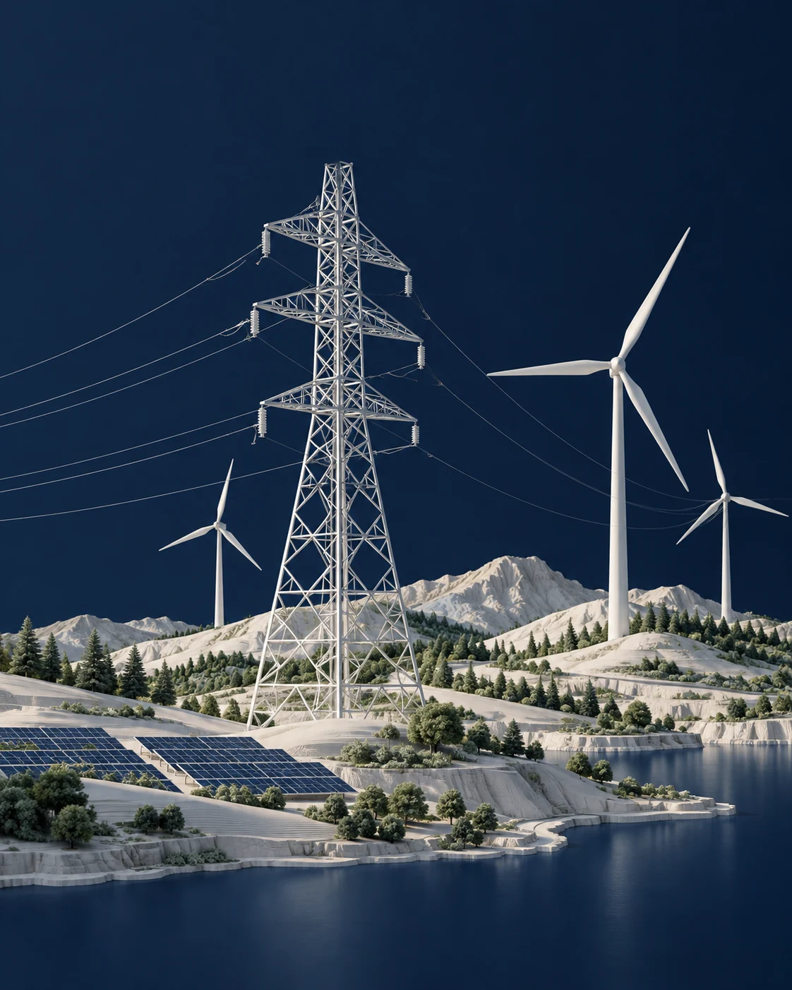 Visualización conceptual de infraestructura eléctrica, generación eólica y solar